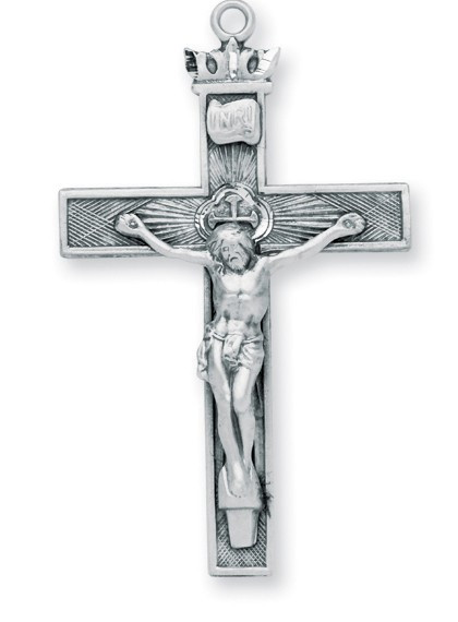 1 3/4" Men's plain sterling silver Crucifix pendant. Pendant comes on a 24" rhodium plated endless curb chain.  Men's Sterling Silver Crucifix comes in a deluxe velour gift box. Made in the USA!