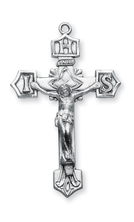 Men's Decorative Sterling Silver IHS Crucifix ~  1 11/16" Men's decorative sterling silver IHS Crucifix on a 24" rhodium plated chain in a deluxe velour gift box.