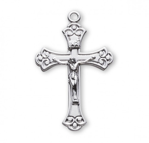 1 1/8" Women's Swirl tipped decorative Sterling Silver Crucifix on an 18" rhodium or gold plated chain in a deluxe velour gift box.. Made in the USA and includes a beautiful gift box