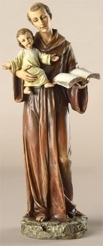 Saint Anthony Statue. Patron Saint of Lost Articles. Dimensions: 10"H x 4.25"W x 3.5"D. Resin/Stone Mix