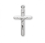 Stream Lined Sterling Silver Crucifix or 16kt Gold over solid sterling silver.  Stream  lined crucifix comes on a 18" genuine rhodium or gold plated curb chain. Crucifix comes in a deluxe velour gift box. Dimensions: 1.0" x 0.6" (26mm x 15mm)  Made in the USA.