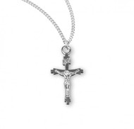 7/8" Flare tipped crucifix pendant in sterling silver or 16K gold over sterling silver.  Crucifix comes on an 18" genuine rhodium or gold plated curb chain.  Dimensions: 0.9" x 0.6" (23mm x 14mm).  Flare tipped crucuifix comes in a deluxe velour gift box. Made in USA.