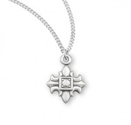 5/8" Women's Fleur de lis Cross comes in Sterling Silver or 16kt Gold over sterling silver. Cross comes on an 18" genuine rhodium or gold plated chain in a deluxe velour gift box. Dimensions: 0.6" x 0.5" (16mm x 12mm). Made in the USA. 