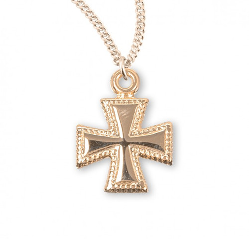 5/8" Women's sterling silver or 16kt Gold over solid sterling silver Maltese Cross. Cross comes on an 18" genuine rhodium or gold plated chain in a deluxe velour gift box. Dimensions: 0.6" x 0.5" (16mm x 12mm).  Made in the USA.