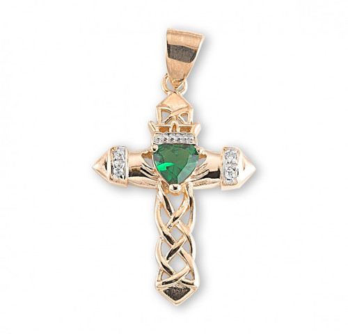 1.1" Irish Celtic Cross Pendant with Emerald Center and Cubic Zircons.  Gold over sterling silver cross pendant with emerald zircon comes  on an 18" genuine rhodium gold plated curb chain. This Celtic Cross comes in a deluxe velour gift box.  Dimensions: 1.1" x 0.7" (27mm x 19mm). Made in the USA