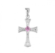 3/4" Sterling Silver Cross with a Fuschia Zircon in the Center with 6 Crystal Zircons. Includes an 18" Rhodium Plated Chain and a Deluxe Velour Gift Box.