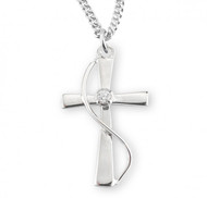 7/8" Sterling silver single set crystal zircon cross.  Solid .925 sterling silver leaf and vine design. Cross comes on an 18" genuine  rhodium plated chain. Dimensions: 0.9" x 0.5" (23mm x 13mm). Sterling Silver Single Set Crystal Zircon Cross comes in a deluxe velour gift box. Made in the USA