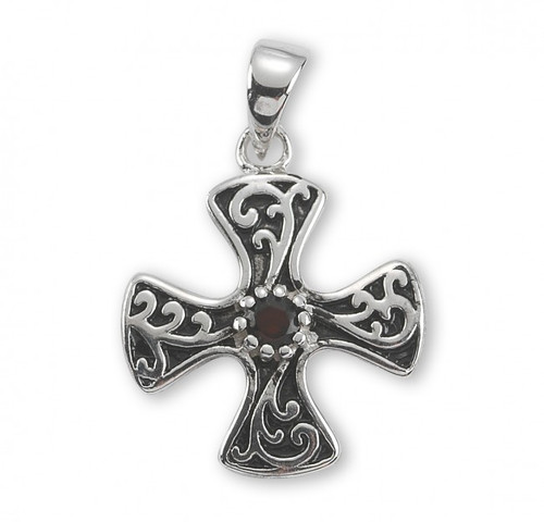 3/4" Sterling Silver Maltese Cross with Garnet Zircon. Maltese Cross with garnet Zircon comes on an 18" genuine rhodium plated curb chain.  Dimensions: 0.8" x 0.7" (20mm x 17mm). Maltese cross comes in a deluxe velour gift box. Made in USA.