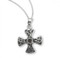 3/4" Sterling Silver Maltese Cross with Garnet Zircon. Maltese Cross with garnet Zircon comes on an 18" genuine rhodium plated curb chain.  Dimensions: 0.8" x 0.7" (20mm x 17mm). Maltese cross comes in a deluxe velour gift box. Made in USA.