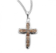15/16" Small cross with champagne colored crystal cubic zirconia . Cross has 11 Set "Champagne" Crystal Zircons. Dimensions: 0.9" x 0.6" (24mm x 15mm). Includes and 18" genuine rhodium curb chain and a deluxe velour gift box. Made in USA.