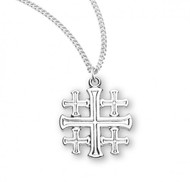 13/16" Sterling Silver or 16KGold Plated Sterling Silver Jerusalem Cross.  The Jerusalem cross is made up of one large center-cross with four smaller crosses surrounding it. This top quality pendant is made from .925 Sterling Silver. Medal comes with a tarnish resistant 18" genuine gold plated curb chain or genuine rhodium plated curb chain. Made in the USA. Medal is gift boxed.