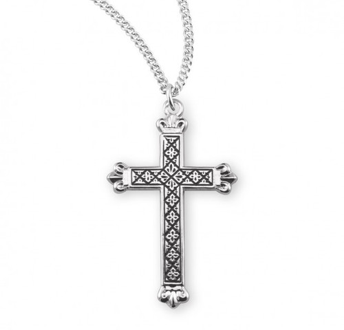 1 3/16"  Sterling silver cross with black enamel design on an 18" rhodium plated chain in a deluxe velour gift box. Dimensions: 1.2" x 0.7" (30mm x 18mm). Made in the USA.