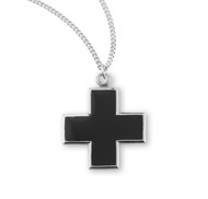1 1/8" Wide Sterling Silver Black Enameled Cros. Black Enameled Cross comes on an 18" genuine rhodium plated curb chain. Dimensions of the cross are 1.0" x 0.9" (26mm x 22mm). Black enameled cross comes in a deluxe velour gift box. Made in the USA.