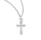 7/8" Women's plain sterling silver or 16kt Gold over solid sterling silver cross.  Cross comes on an 18" genuine rhodium or gold plated chain in a deluxe velour gift box. Dimensions: 0.9" x 0.5" (23mm x 12mm). Made in USA.
