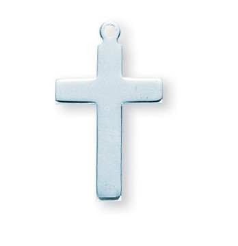 s 7/8" Women's plain sterling silver cross on an 18" rhodium plated chain in a deluxe velour gift box.