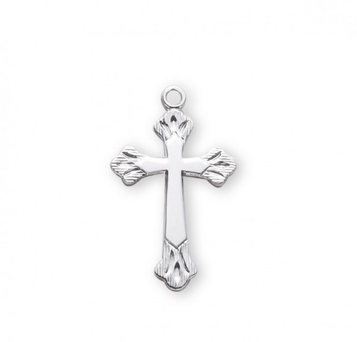 1" Women's sterling silver or 16k gold over solid sterling silver cross on an 18" genuine rhodium or gold plated chain in a deluxe velour gift box. Dimensions: 1.0" x 0.6" (25mm x 14mm). Made in the USA