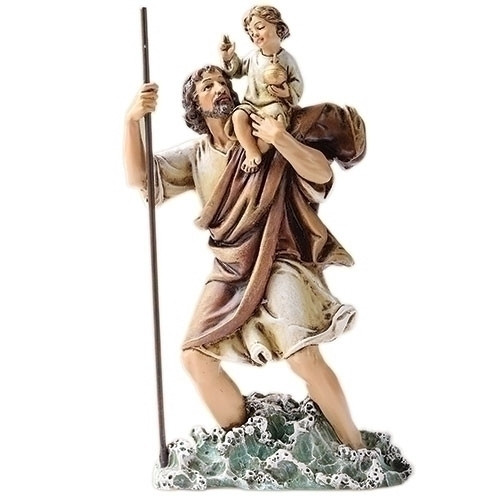 Saint Christopher Statue ~ Patron Saint of Hazardous Travel & Athletes. Dimensions: 6.25"H x 3.5"W x 1.75"D. Materials: Resin/Stone Mix

 