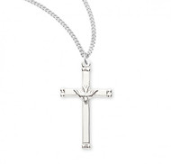 1 1/8" sterling silver Holy Spirit Cross Pendant on an 18" genuine rhodium curb chain. Cross comes in a deluxe velour gift box.  Dimensions: 1.1" x 0.7" (29mm x 17mm).  Weight of medal: 1.1 Grams. Made in the USA