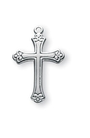 3/4" Women's sterling silver, or tutone sterling silver cross with etched design on an 18" genuine rhodium  plated chain in a deluxe velour gift box.