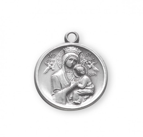 15/16" Sterling Silver Our Lady of Perpetual Help Medal comes on an 18" genuine rhodium plated curb chain. Medal comes in a deluxe velour gift box. Made in the USA. 