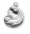 13/16" Uniquely shaped Sterling Silver Madonna and Child Medal. Medal comes on an 18" rhodium plated curb chain and comes in a deluxe velour gift box. Dimensions: 0.8" x 0.6" (21mm x 15mm). Weight of medal: 2.2 Grams. Solid .925 sterling silver. Made in the USA.