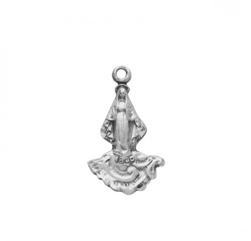 5/8" Sterling Silver Our Lady of Grace Medal on a 16" rhodium plated curb chain.  Comes in a deluxe velour gift box. Dimensions: 0.9" x 0.7"(22mm x 17mm). Weight of medal: 3.1 Grams. Made in the USA