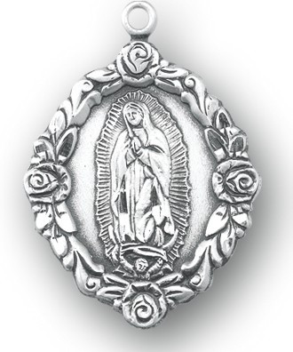 11/16" Sterling silver Our Lady of Guadalupe Floral Medal on an 18" rhodium or gold plated chain in a deluxe velour gift box.