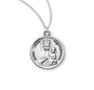 15/16" Sterling Silver Round Double Sided Our Lady of Czestochowa Medal. Sterling silver medal comes on an 18" Genuine rhodium plated curb chain.  A deluxe velour gift box is included. Dimensions: 0.9" x 0.8" (24mm x 20mm). Solid .925 sterling silver. Weight of medal: 3.7 Grams. Made in the USA. 