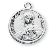 15/16" Round shaped Sterling Silver Immaculate Heart of Mary Medal.  An 18" Rhodium Plated Curb Chain is included with a Deluxe Velour Gift Box. Made in the USA. 