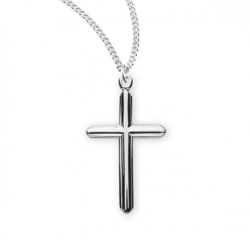 1" Women's sterling silver or 16k gold over sterling silver cross on an 18" genuine rhodium or gold plated chain. Cross comes in a deluxe velour gift box.  Dimensions: 1.0" x 0.6" (26mm x 15mm). Made in USA.