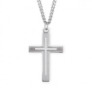 Men's Sterling Silver Lined Crucifix ~ 1 1/4" Men's cross on a 24" rhodium plated endless curb chain. Cross comes in a deluxe velour gift box.