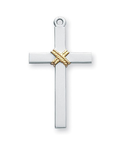 Men's  1 5/16" Men's Sterling Silver Tutone Cross with Rope. Tutone Cross comes on a 24" genuine rhodium plated endless curb chain. Cross comes in a deluxe velour gift box. Dimensions: 1.3" x 0.7" (34mm x 18mm).  Made in USA.