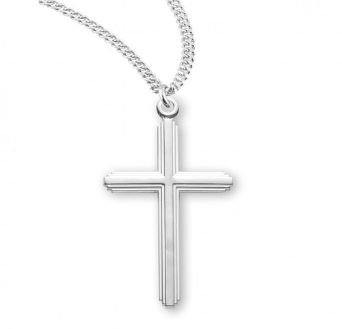 S373220 1 1/2" Sterling Silver, Gold over Sterling Silver, Two Tone Gold outline with Silver inlay cross, or Two Tone Silver outline with Gold inlay cross. Dimensions: 1.7" x 1.0" (43mm x 25mm). Cross comes on a 20" rhodium or gold plated chain. A deluxe velour gift box is included. Made in the USA
