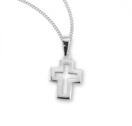 5/8" Women's sterling silver cut out cross. Sterling Silver cut out cross comes on an 18" genuine rhodium plated chain. Cut out cross presents in a deluxe velour gift box.  Dimensions: 0.7" x 0.5" (18mm x 12mm). Made in the USA