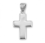 1" Women's plain wide sterling silver cross. Plain wide sterling silver cross comes  on an 18" genuine rhodium plated chain. Cross comes in a deluxe velour gift box.  Dimensions: 0.8" x 0.5" (20mm x 13mm). Made in the USA.