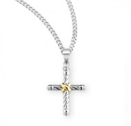 Twisted Two Tone Sterling Silver Cross pendant.  Two tone cross pendant comes on an 18" genuine rhodium plated curb chain.  Dimensions: 1.0" x 0.7" (26mm x 19mm).  Deluxe velvet gift box is included. Made in USA.