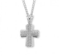 1 5/8" Men's Wide Wheat Cross pendant on a 24" genuine rhodium plated endless curb chain. Cross comes in a in a deluxe velour gift box. Dimensions: 1.6" x 0.9" (41mm x 24mm). Made in the USA