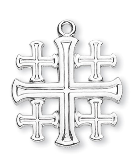 1-1/16" Jerusalem Cross Pendant  is made up of one large center-cross with four smaller crosses surrounding it. Jerusalem Cross pendant is made from genuine .925 Sterling Silver with a tarnish resistant 24" genuine rhodium plated endless curb chain.  Dimensions: 1.0" x 0.9" (26mm x 22mm). Made in the USA. Gift Boxed.