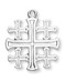 1-1/16" Jerusalem Cross Pendant  is made up of one large center-cross with four smaller crosses surrounding it. Jerusalem Cross pendant is made from genuine .925 Sterling Silver with a tarnish resistant 24" genuine rhodium plated endless curb chain.  Dimensions: 1.0" x 0.9" (26mm x 22mm). Made in the USA. Gift Boxed.