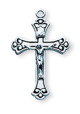 1 1/8" Women's sterling silver crucifix with black enamel on an 18" rhodium plated chain in a deluxe velour gift box.
