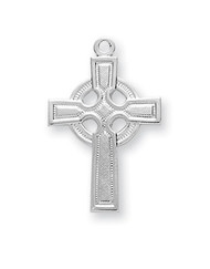 1" Sterling Silver or 16K Gold over Sterling Silver Celtic Cross. A Pierced out halo surrounds the center of the cross. This top quality pendant is made from Genuine .925 Sterling Silver with a Tarnish Resistant 18" Rhodium or Gold Plated Chain. Made in the USA. Gift Boxed.