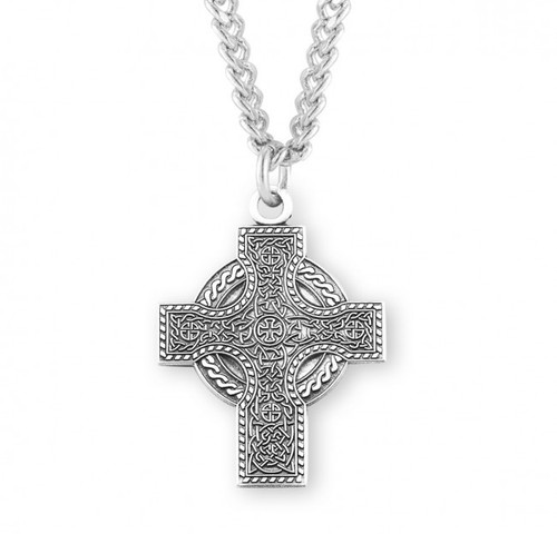 Irish Celtic cross pendant.
Solid .925 sterling silver.
Detail depicts Celtic knots.
Dimensions: 1.1" x 0.8" (27mm x 20mm)
Weight of medal: 2.4 Grams.
24" Genuine rhodium plated endless curb chain.
Made in USA.
Deluxe velvet gift box.