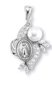 1-1/2" Sterling Silver Miraculous Medal is set in an ornate frame with one 7mm Pearl and 13 Swarovski clear set cubic zircons. Comes on an 18" rhodium plated curb chain and a deluxe velour gift box. Made in the USA. 