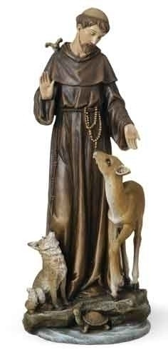 Saint Francis 14" Statue. Patron Saint of Animals & Ecology. Resin/Stone Mix. Dimensions: 13.75"H x 5.5"W x 5.25"D