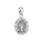 Sterling 7/8" Sterling Silver Miraculous Medal Made in the USA. The traditional shape medal is set in a fancy frame with 12 Swarovski clear set cubic zircons embellished rays of light around fancy border is adorned with finely detailed Blessed Mother.  An 18" Rhodium Plated Curb Chain is included with a Deluxe Velour Gift Box.