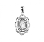 This oval shaped double sided Miraculous Medal is adorned with 12 clear cubic zirconia "CZ's".  Medal is adorned in a fancy scalloped shaped frame. The Miraculous Medal comes on 18" genuine rhodium plated endless curb chain.