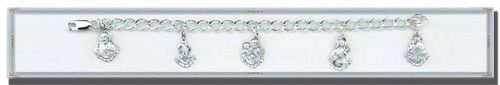 Solid Sterling Sterling Charm Bracelet With Five Sterling Saint Medals. Sacred Heart, Miraculous Mary, St. Joseph, St. Therese and St. Anthony. Comes in a deluxe velour gift box. Made in the USA. 