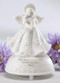 5" First Holy Communion Musical Angel is made of porcelain. Message says "First Holy Communion - I am the bread of life...". Tune plays the Lord's Prayer. Measurements: 5" height x 3.5" diameter. Gift Boxed.