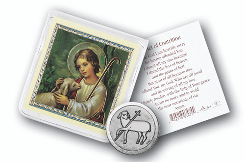 Penance pocket coin with 3" x 3" gold stamped Holy Card packaged in a clear soft pouch. The Holy Card has the Act of Contrition prayer on back.