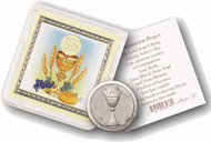 Communion Pocket Coin with gold stamped Holy Card. Packaged in a clear soft pouch